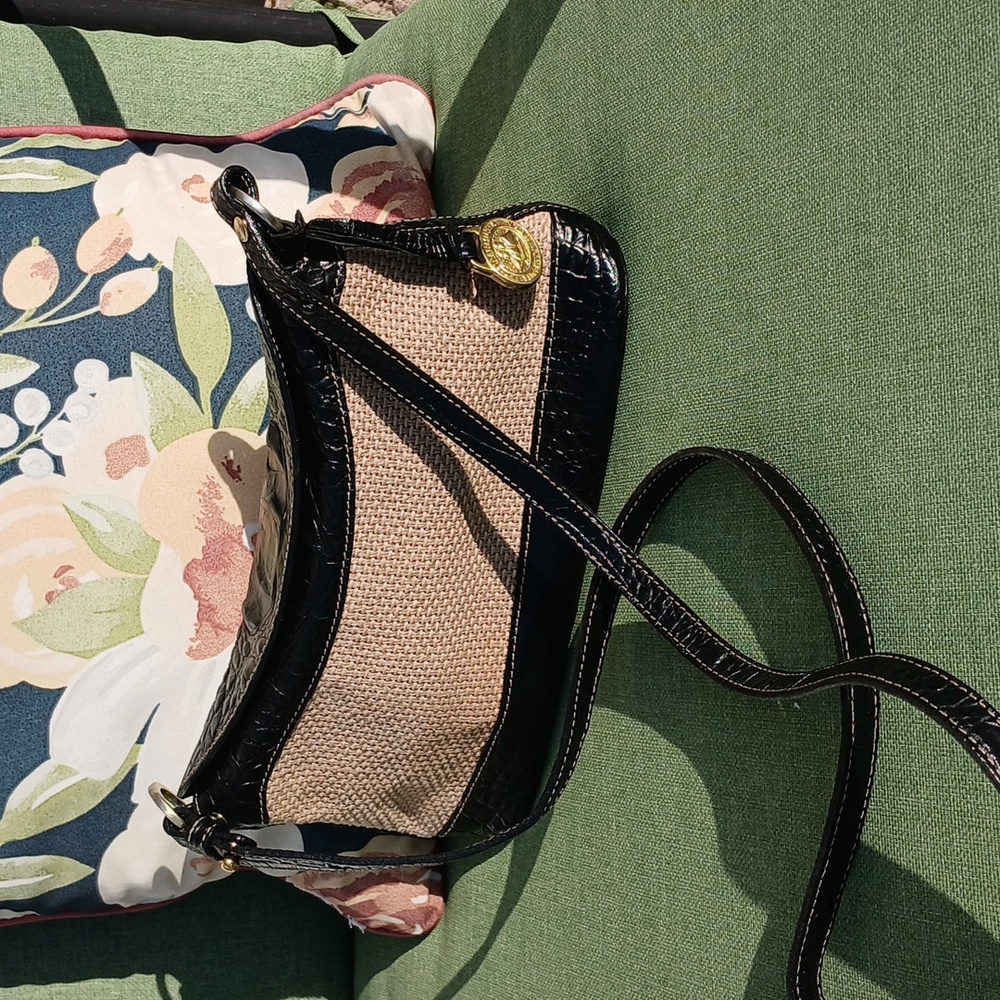 Brahmin Crossbody Embossed Black Leather & Raffia (Straw-like) Bag